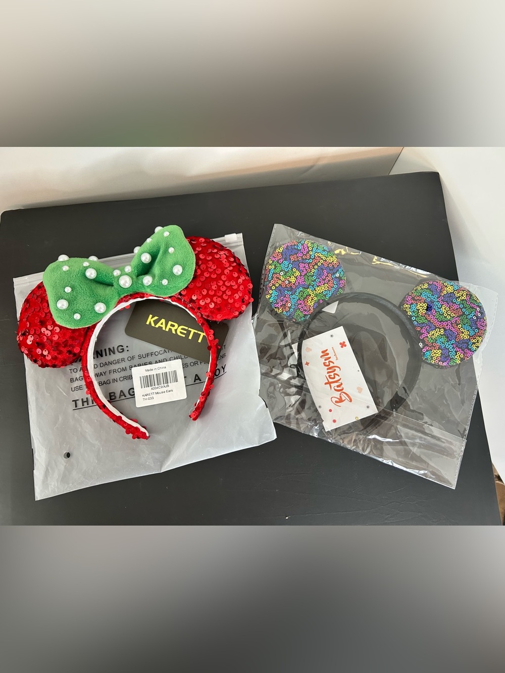 Sequin Mouse Ears Headband - Red & Green and multicolored